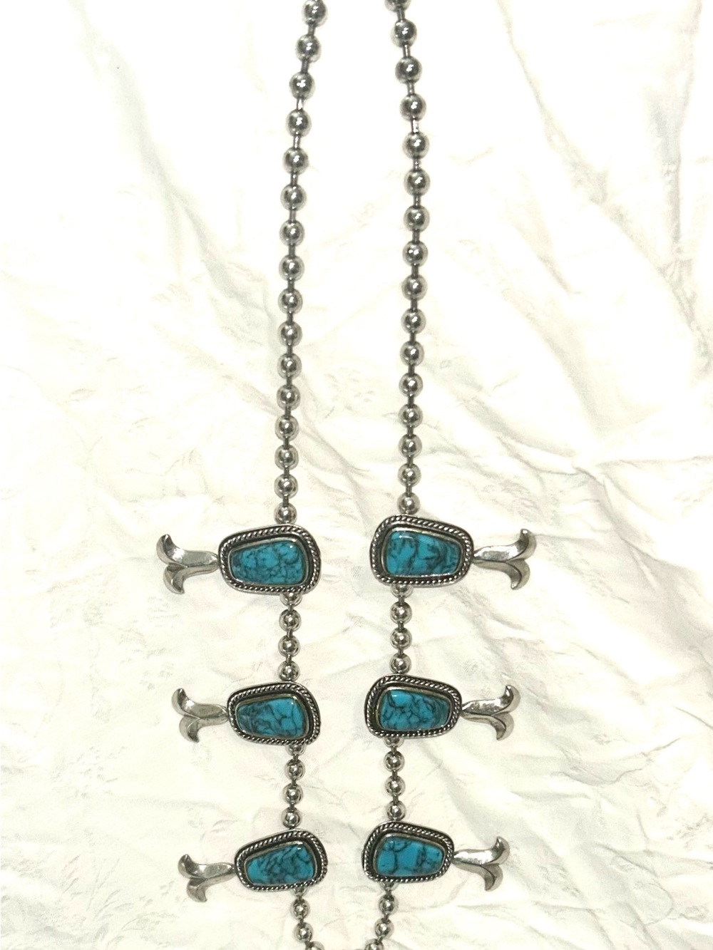 Turquoise Silver Toned Squash Blossom Necklace with matching Earrings